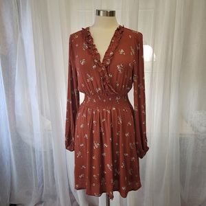 Promesa Rust Floral Bohemian Dress Smocked Waist Ruffled neckline Large